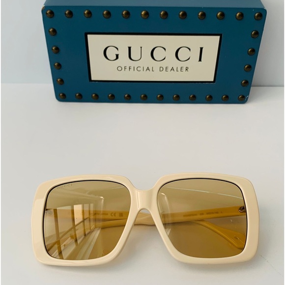 GUCCI GG0567SAN 006 square sunglass ivory white frame brown/light mirror lenses - Picture 9 of 16